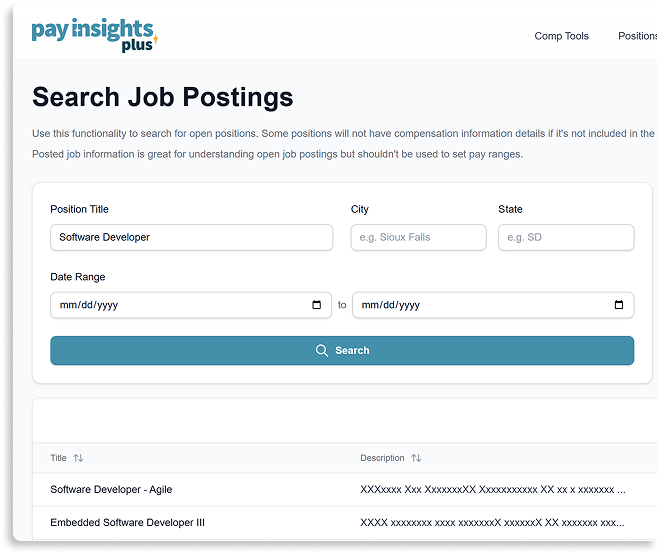 Screenshot of Search Job Postings in PayInsights Plus